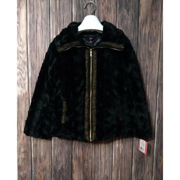 IZ BYER Girl's Size 10 Black Faux Fur Bubble Coat Gold Glitter Pockets